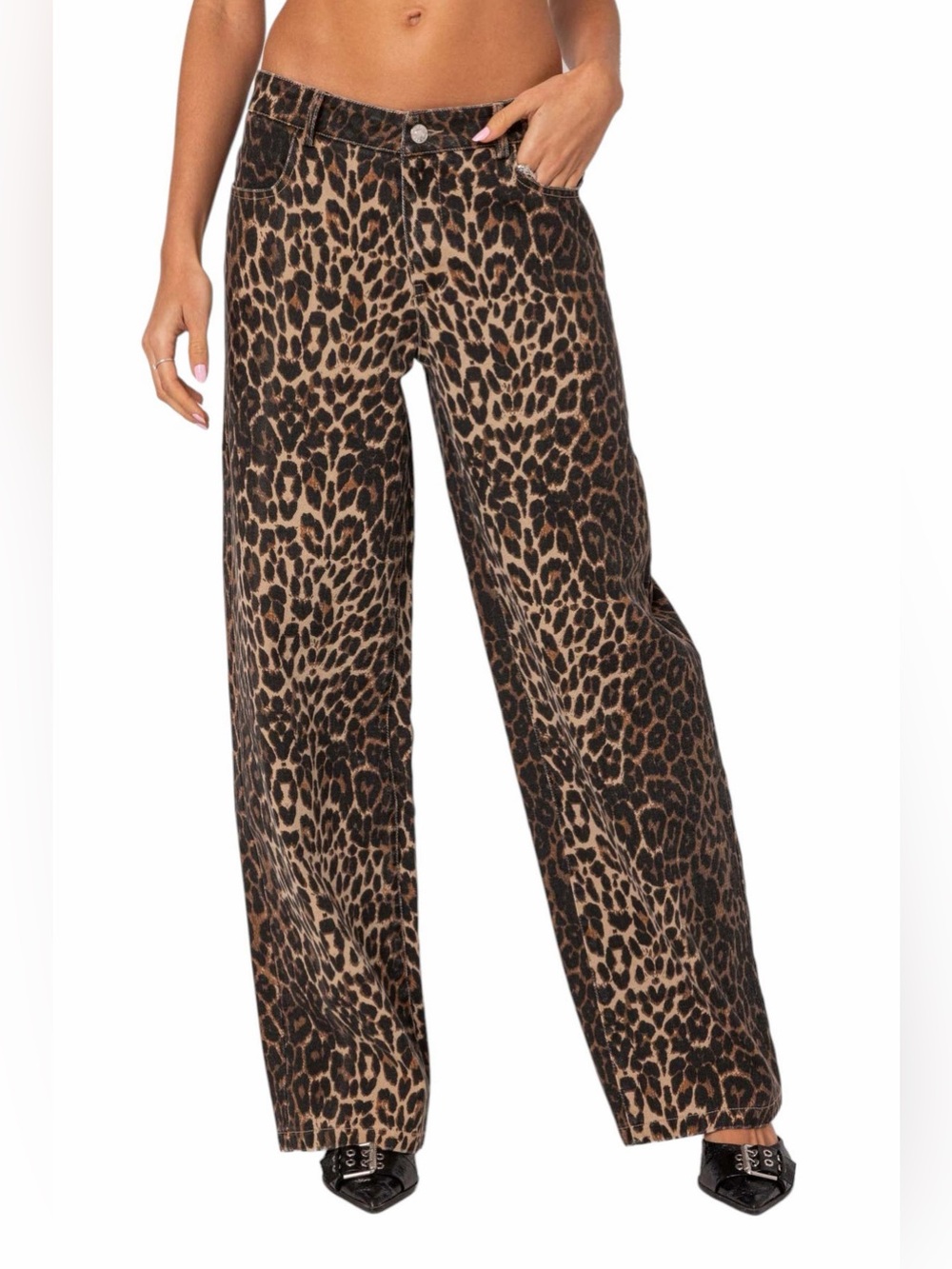 🐆 Edikted Leopard Print Wide Leg Low Rise Jeans Y2K Cheetah Pants It Girl Baddie